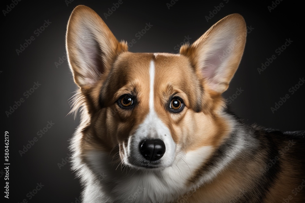 Close up of a corgi dog on a gray background in a studio. Generative AI