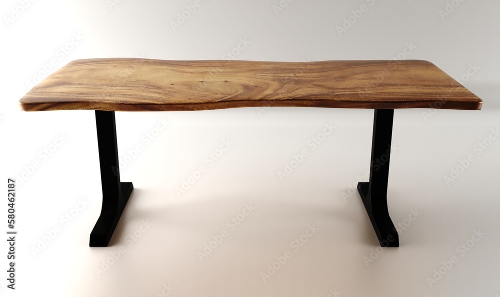Wooden lacquered table with black metal legs on white background. Modern live edge elm slab coffee table with inner knot in bizarre pattern shape and tree table. 3d rendering. Wooden lacquered table with black metal legs on white background. Modern live edge elm slab coffee table with inner knot in bizarre pattern shape and tree table. 3d rendering.
