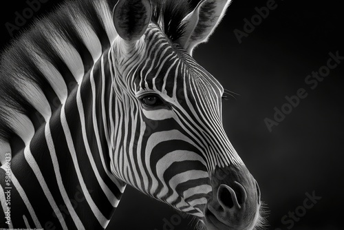 Close up black and white picture of the face of a Grevy s zebra. Vertically. Generative AI