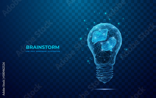 Abstract dialogue bubble inside digital light bulb in polygons and lines. Brainstorm or social media innovation concept. Low poly wireframe 3D vector illustration. Blue modern image on dark background