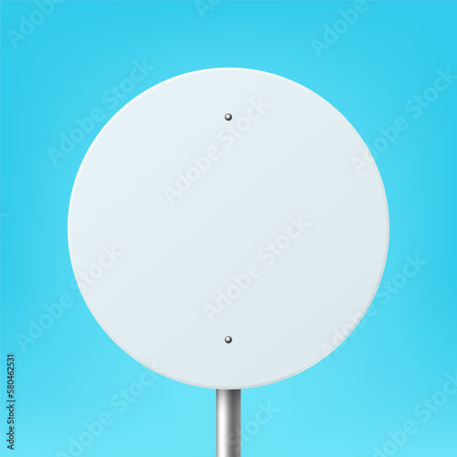 Vector White Blank Round Road Sign Frame Icon Closeup on Blue Background. Road Poiner Plate Design Template, Front View photo