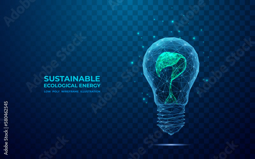 Plant growing inside technology light bulb. Abstract digital sustainable ecological energy concept. 3D low poly wireframe vector illustration in polygons, lines and transparent shapes. Glass effect