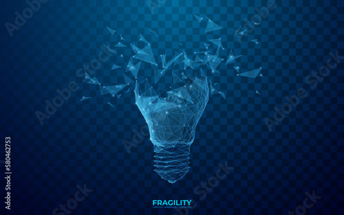 Broken light bulb. Digital lightbulb at the moment of destruction. Abstract fragility concept. Technology burst bulb in polygons, lines, and transparent shapes. 3D wireframe vector illustration