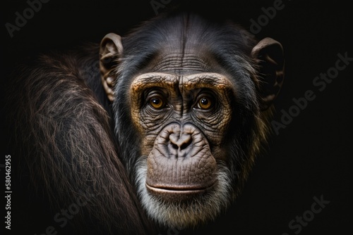 Close up portrait Chimpanzees look straight ahead and are alone on a black background. Generative AI © AkuAku