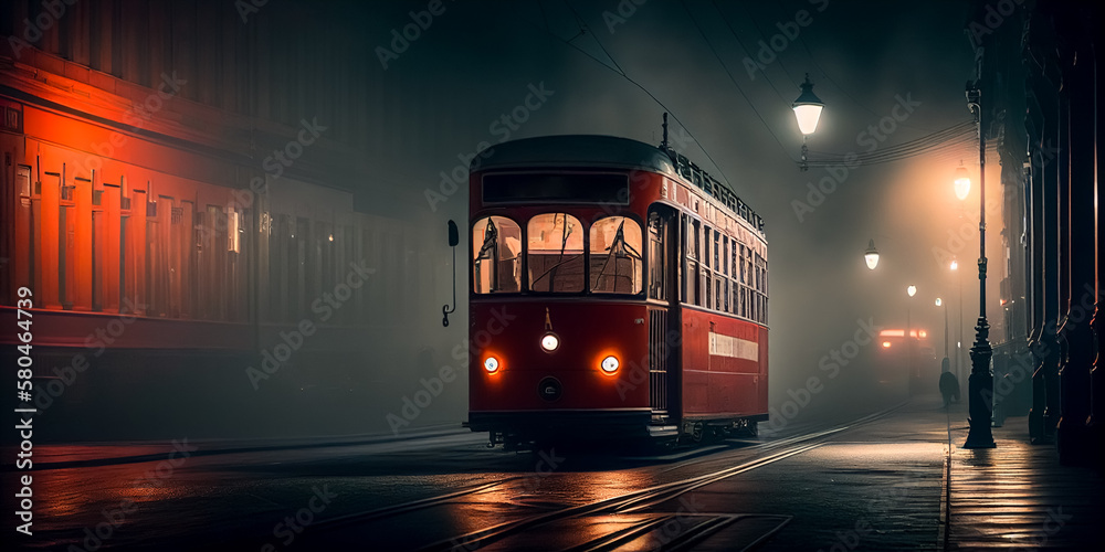 Illustration of Vintage style tram car in the middle of city road during a misty night, AI-generated image.	