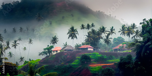 Illustration of panoramic view of Kerala, India landscape, AI Generated image.