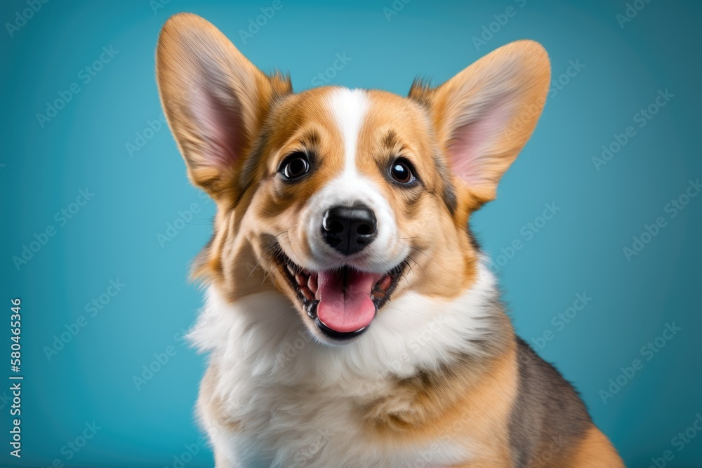 Corgi puppy dog with a big smile on a blue background. Generative AI