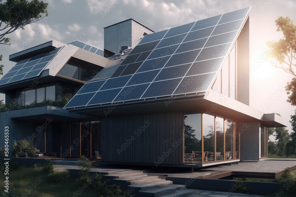 Fototapeta premium Energy Efficient House With Solar Panels And Wall Battery For Energy Storage Generative AI