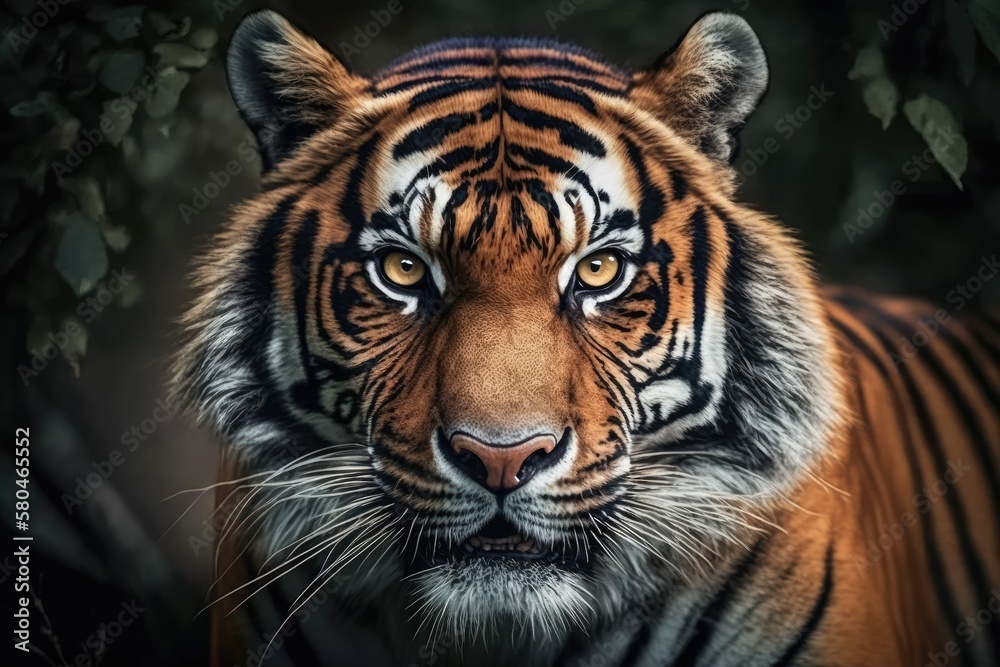 Close up tiger portrait. Animal looking on camera. Danger animal in nature habitat. Generative AI