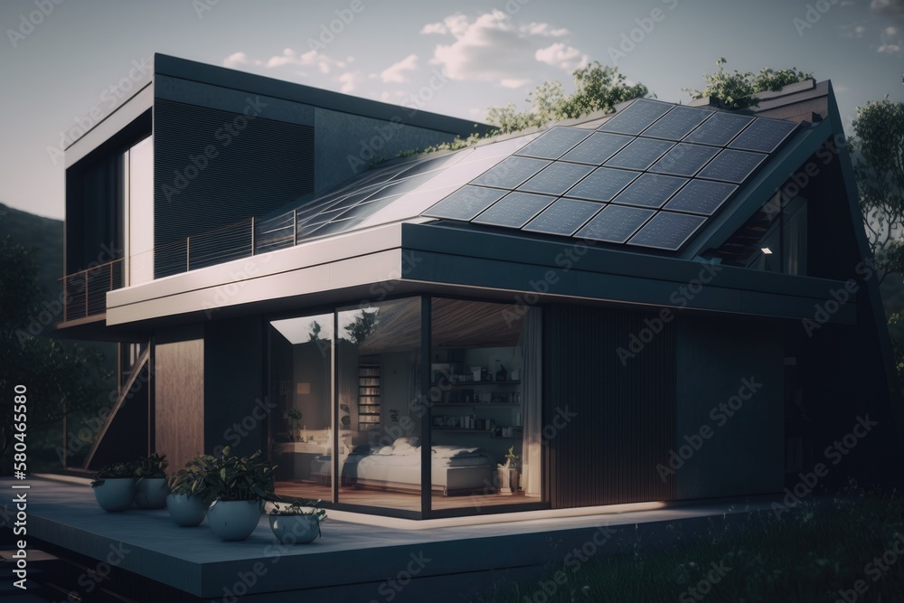 Energy Efficient House With Solar Panels And Wall Battery For Energy Storage Generative AI
