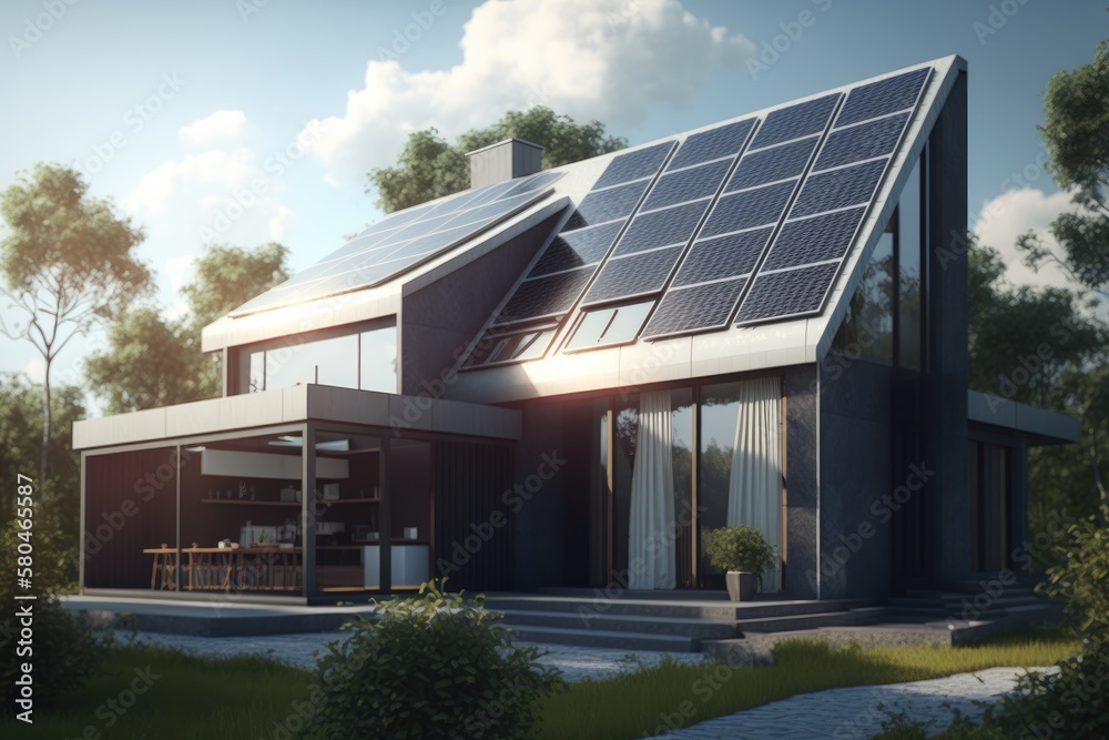 Energy Efficient House With Solar Panels And Wall Battery For Energy Storage Generative AI
Energy Efficient House With Solar Panels And Wall Battery For Energy Storage Generative AI