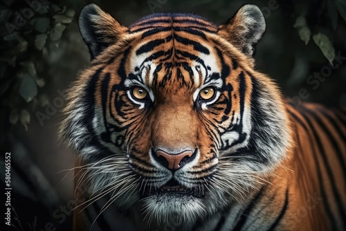 Close up tiger portrait. Animal looking on camera. Danger animal in nature habitat. Generative AI