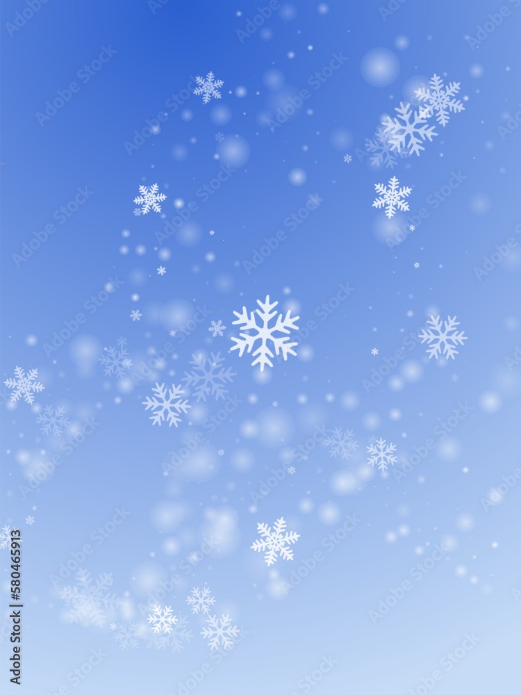 Minimal heavy snow flakes pattern. Snowfall fleck frozen elements. Snowfall sky white blue composition. Mess snowflakes christmas vector. Snow hurricane landscape.