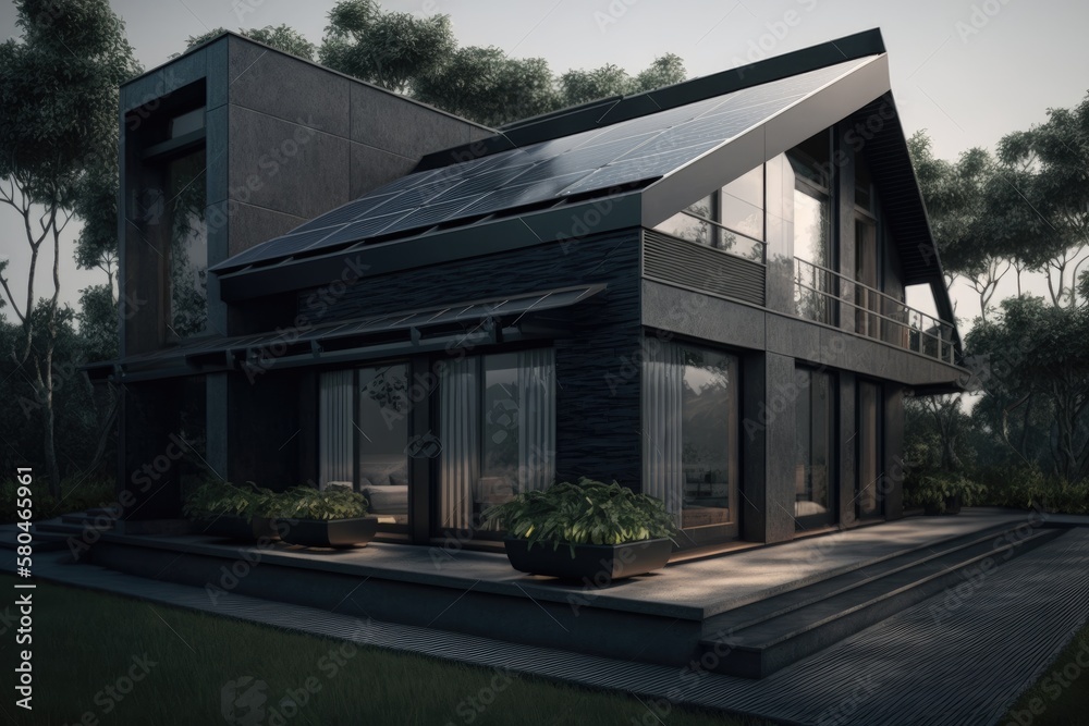 Energy Efficient House With Solar Panels And Wall Battery For Energy Storage Generative AI Energy Efficient House With Solar Panels And Wall Battery For Energy Storage Generative AI