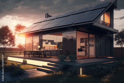 Energy Efficient House With Solar Panels And Wall Battery For Energy Storage Generative AI