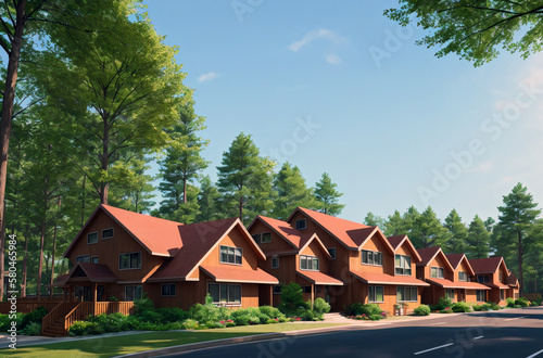 Wooden houses in nature on sunny day in summertime. Suburban dwelling in same style in woodland. Generative AI. © Anton Dios