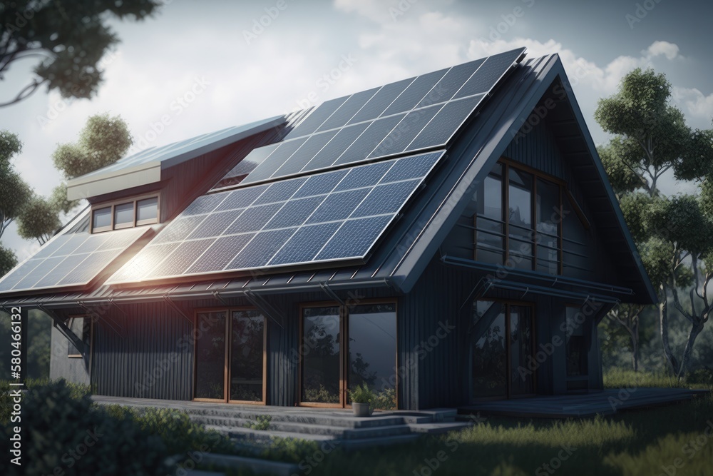 Energy Efficient House With Solar Panels And Wall Battery For Energy Storage Generative AI Energy Efficient House With Solar Panels And Wall Battery For Energy Storage Generative AI