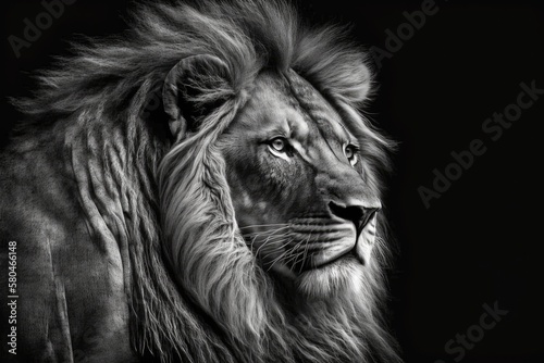 B&W picture of a lion on a black background. Generative AI