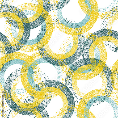 Circle ring shapes of dots contemporary vector seamless pattern.