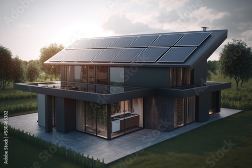 Energy Efficient House With Solar Panels And Wall Battery For Energy Storage Generative AI   © ChaoticMind