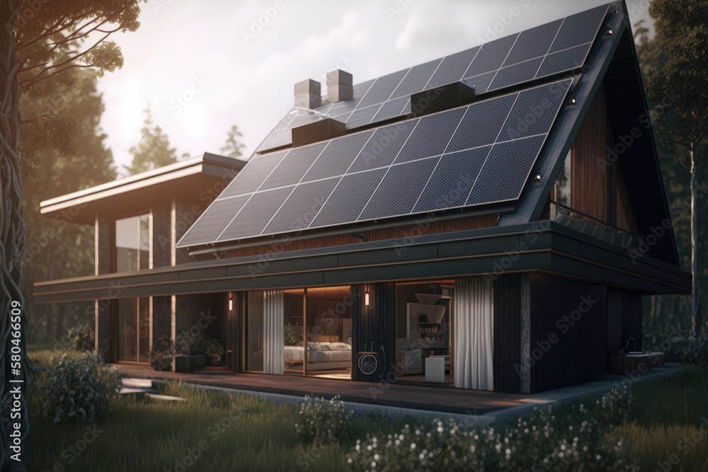 Energy Efficient House With Solar Panels And Wall Battery For Energy Storage Generative AI Energy Efficient House With Solar Panels And Wall Battery For Energy Storage Generative AI