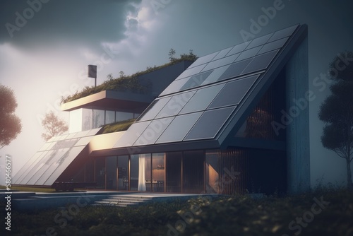 Energy Efficient House With Solar Panels And Wall Battery For Energy Storage Generative AI © ChaoticMind