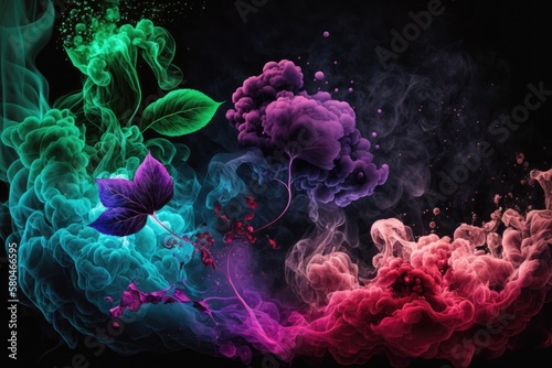 green, red and purple smoke, with abstract flowers in smoke with shiny glitter particles abstract, AI © Michael