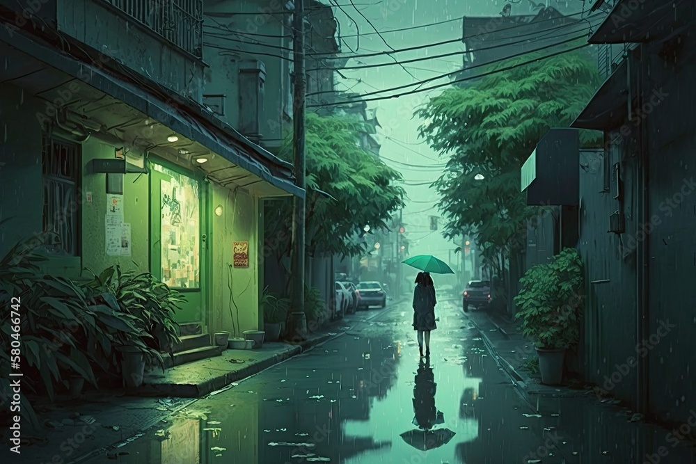 Streets in japan, raining, painting, AI Stock Illustration | Adobe Stock