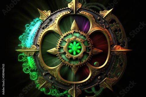 Steampunk gears with neon effect, illustration, background, AI
