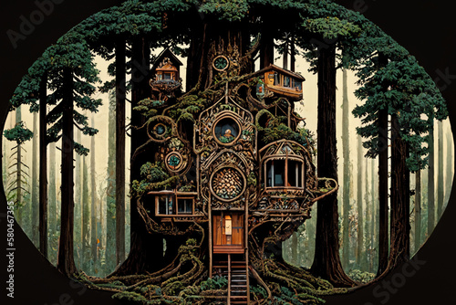 Dreamy Treehouse Hideaway, Enchanting Artwork of a Cozy Retreat Nestled Among Trees, Inviting Imagination, Adventure in Nature's Embrace, Perfect for Inspiring Love for the Great Outdoors, Tranquility