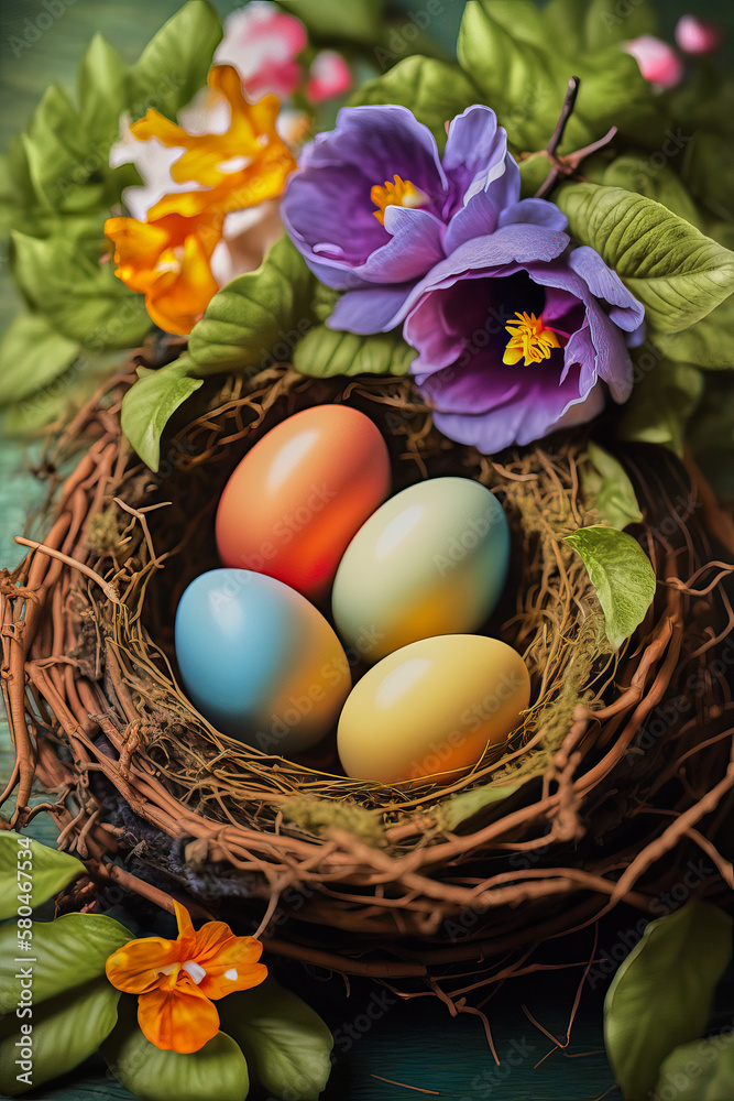 A illustration of a filled ester nest with four colorful eggs and flowers in background