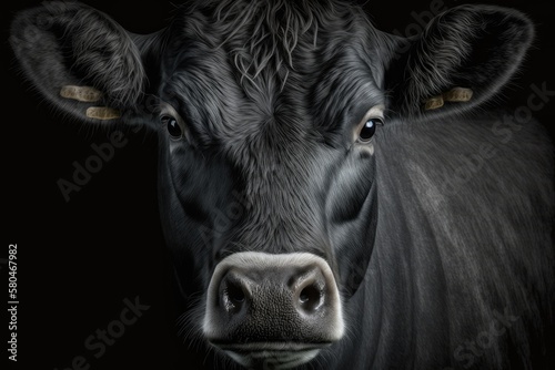 Close up of a black cow's face against a black background. Generative AI