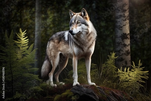Canis lupus, or the gray wolf, in the woods. Generative AI