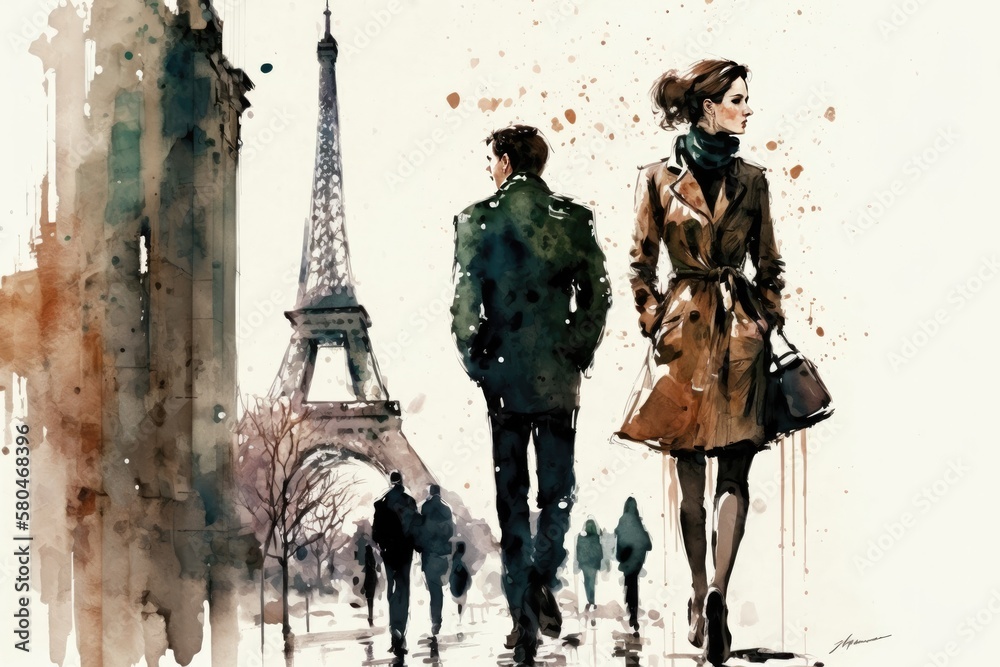 Man and Woman Walking Near the Eiffel Tower in Paris France, Watercolor Style Generative AI