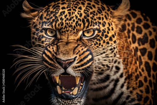 Close up of a big  beautiful  angry leopard on a black background. Generative AI