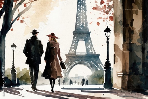 Man and Woman Walking Near the Eiffel Tower in Paris France, Watercolor Style Generative AI