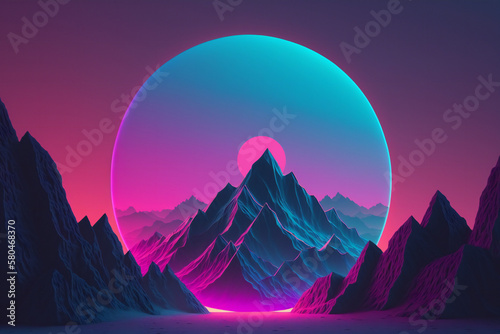 Retrofuturistic neon bubble with other world floating over mountains