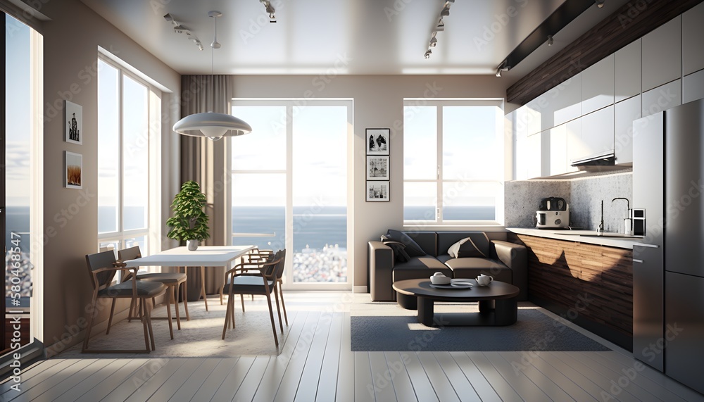 Fototapeta premium Sea view apartment, large windows, modern exterior, elegant design, clean lines, neutral color palette, open and airy interior, natural light. Modern apartment, Miami condominium style. Generative AI
