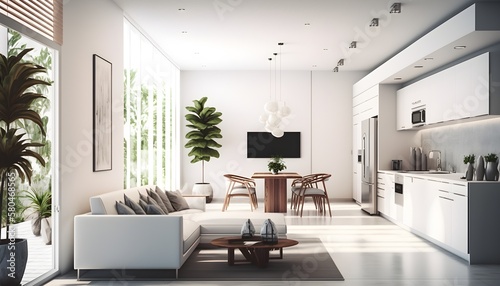 Elegant modern interior condominium with  contemporary Miami style architecture  white finish with wooden details  octane render  3d  hyper realistic  hyper detail  high quality  detail. Generative AI