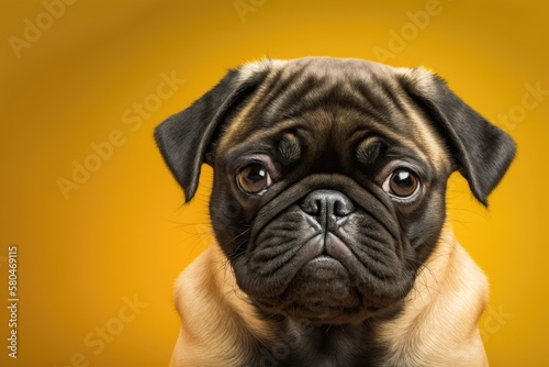 adorable puppy dog pug breed with sad and serious face on bright yellow background. Generative AI