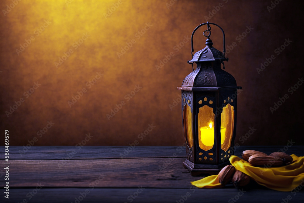 Arabic lantern with burning candle and dates on wooden floor. Generative AI illustration