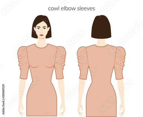 Cowl sleeves elbow length clothes character beautiful lady in nude top, shirt, dress technical fashion illustration, fitted body. Flat apparel template front, back sides. Women, men unisex CAD mockup
