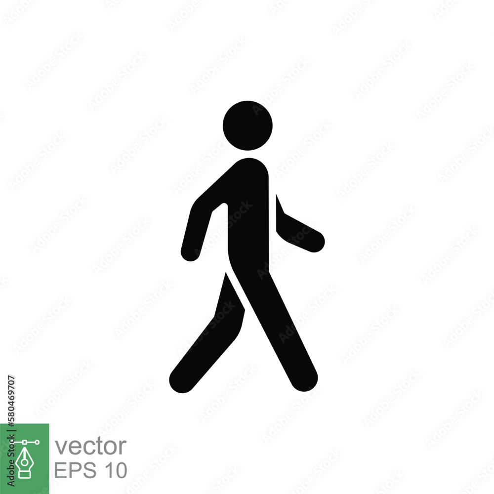 Walk icon. Simple solid style. Pedestrian, walking man, pictogram, human, side, walkway concept. Black silhouette, glyph symbol. Vector illustration isolated on white background. EPS 10.