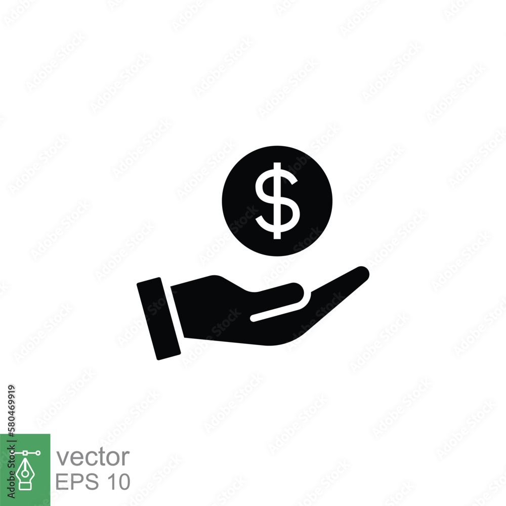 Salary, sell, money, business, buy, hand glyph icon. Simple solid style. Save, cash, coin, currency, dollar, finance concept. Black silhouette vector illustration isolated on white background. EPS 10. Salary, sell, money, business, buy, hand glyph icon. Simple solid style. Save, cash, coin, currency, dollar, finance concept. Black silhouette vector illustration isolated on white background. EPS 10.