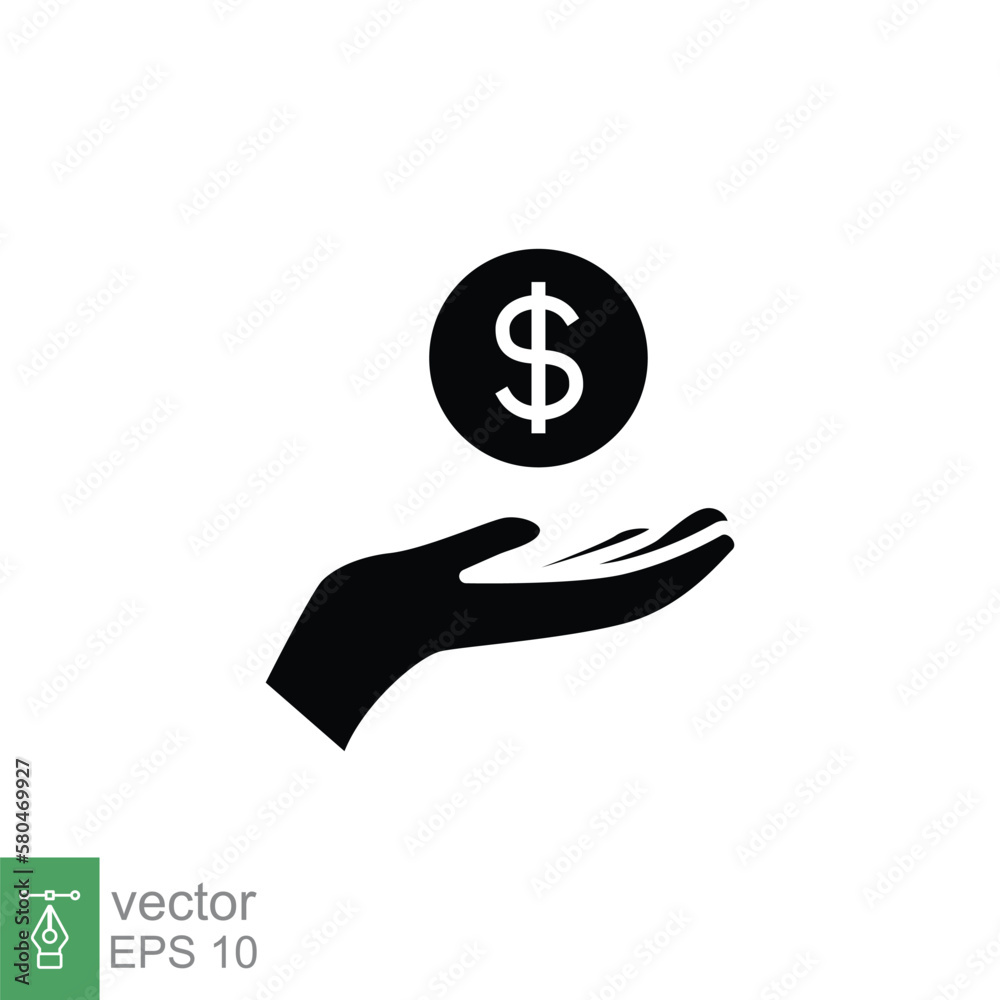 Salary, sell, money, business, buy, hand glyph icon. Simple solid style. Save, cash, coin, currency, dollar, finance concept. Black silhouette vector illustration isolated on white background. EPS 10. Salary, sell, money, business, buy, hand glyph icon. Simple solid style. Save, cash, coin, currency, dollar, finance concept. Black silhouette vector illustration isolated on white background. EPS 10.