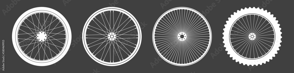 Black bicycle wheel symbols collection. Bike rubber tyre silhouettes. Fitness cycle, road and mountain bike. Vector illustration. Black bicycle wheel symbols collection. Bike rubber tyre silhouettes. Fitness cycle, road and mountain bike. Vector illustration.
