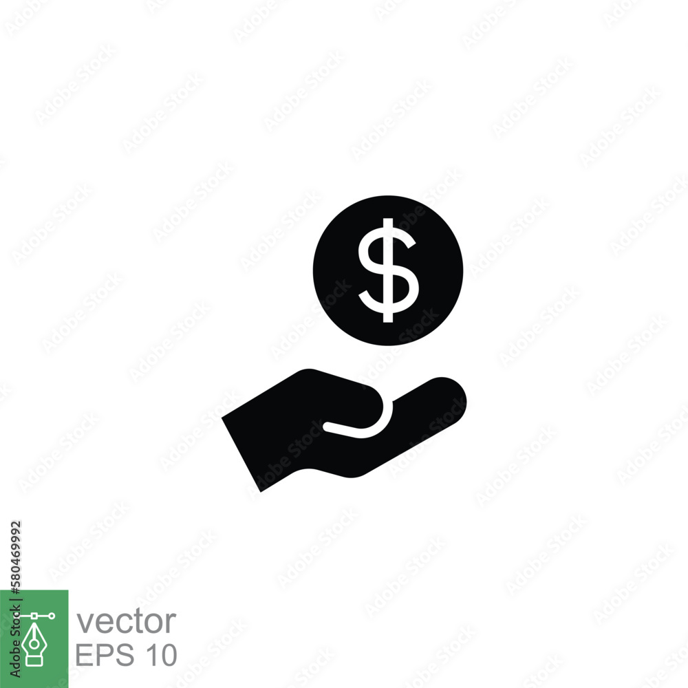 Salary, sell, money, business, buy, hand glyph icon. Simple solid style. Save, cash, coin, currency, dollar, finance concept. Black silhouette vector illustration isolated on white background. EPS 10. Salary, sell, money, business, buy, hand glyph icon. Simple solid style. Save, cash, coin, currency, dollar, finance concept. Black silhouette vector illustration isolated on white background. EPS 10.