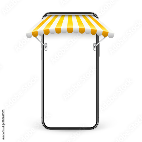 Smartphone with shop sunshade and metal mount, online internet shopping. Realistic yellow striped cafe awning. Outdoor market tent. Roof canopy. Summer street store. Vector illustration