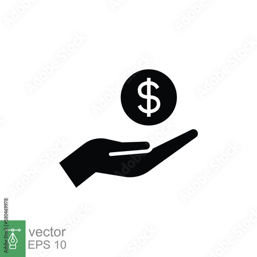Salary, sell, money, business, buy, hand glyph icon. Simple solid style. Save, cash, coin, currency, dollar, finance concept. Black silhouette vector illustration isolated on white background. EPS 10.