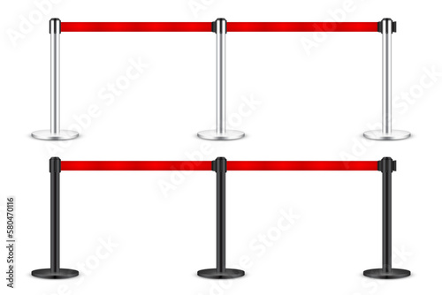Realistic red retractable belt stanchion. Crowd control barrier posts with caution strap. Queue lines. Restriction border and danger tape. Attention, warning sign. Vector illustration